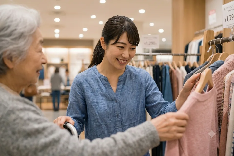 スタッフが利用者の買い物に付き添う様子