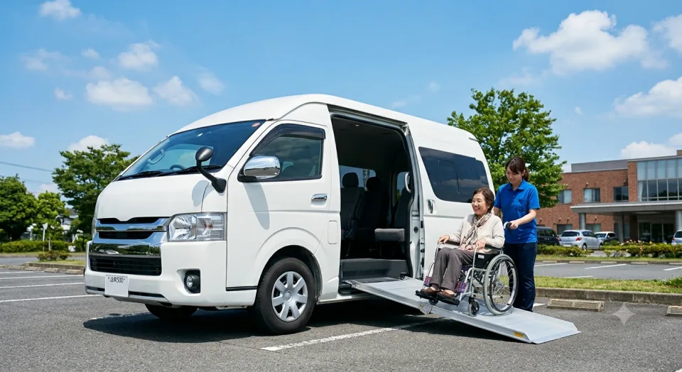電動リフトで車いすを乗せる大型福祉車両ハイエース