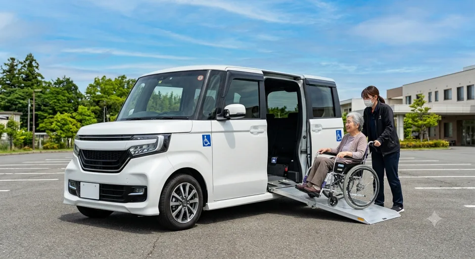 スロープで車いすを乗せる軽福祉車両N-BOX